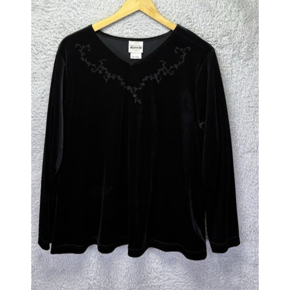 VTG Bentley Plus Womens 1X Black Velvet Sequin Top V Neck Long Sleeve Whimsigoth